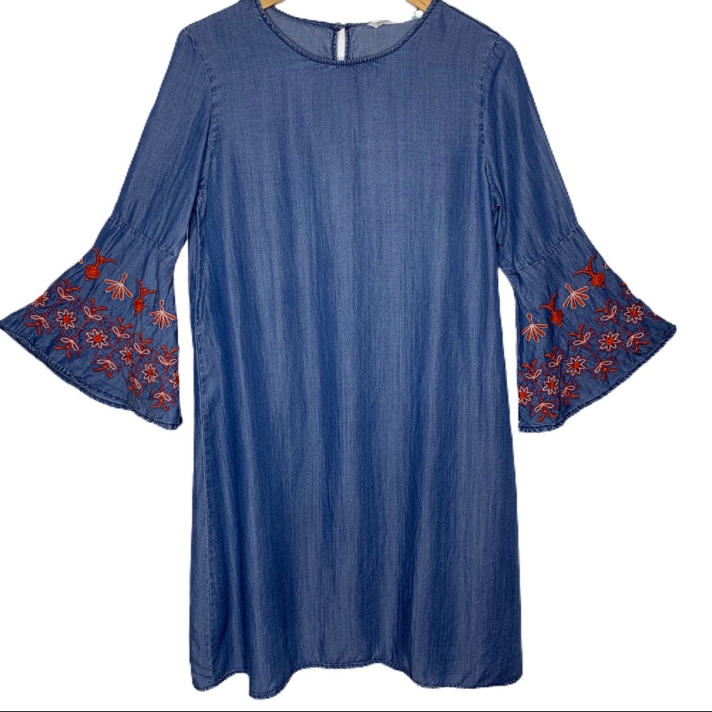 Given Kale Chambray Dress Embroidered Bell Sleeves Fairycore Preppy Medium Denim